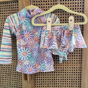 Girls' Floral Long-Sleeve Rashguard Swim Set in Pastel Purple & Mint